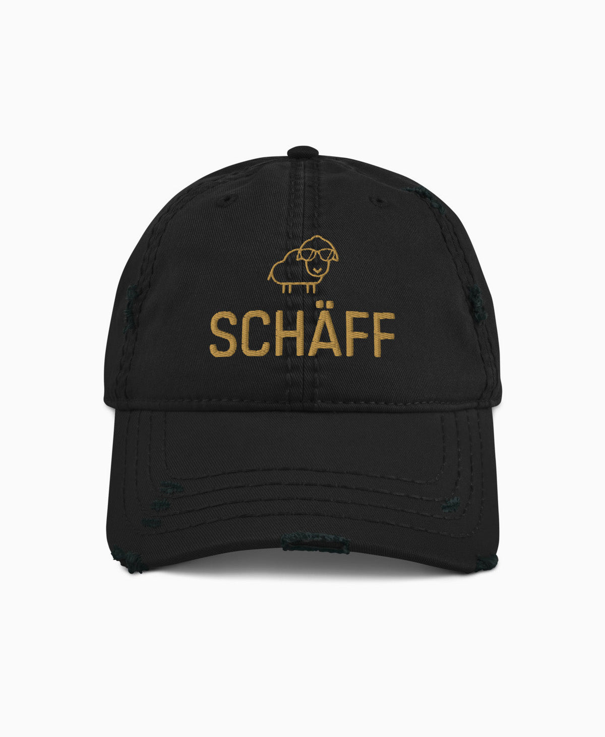 Schwarzer Dad-Hat im Used-Look mit SCHÄFF Stickerei in Old-Gold vorne – lässige Cap für den humorvollen Chef.
