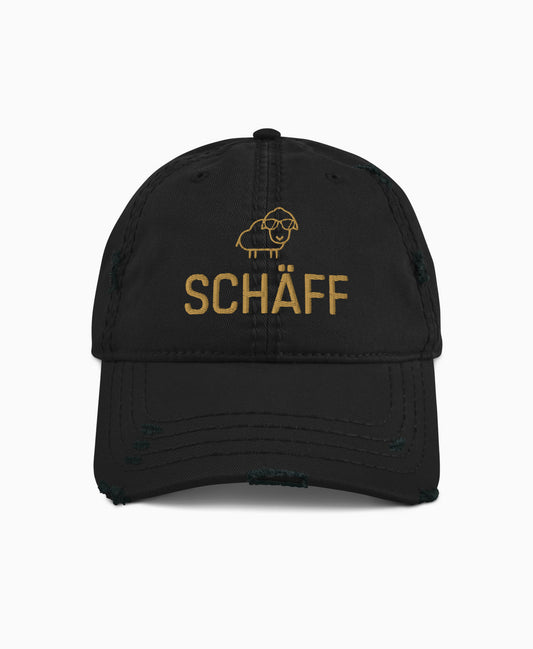 Schwarzer Dad-Hat im Used-Look mit SCHÄFF Stickerei in Old-Gold vorne – lässige Cap für den humorvollen Chef.