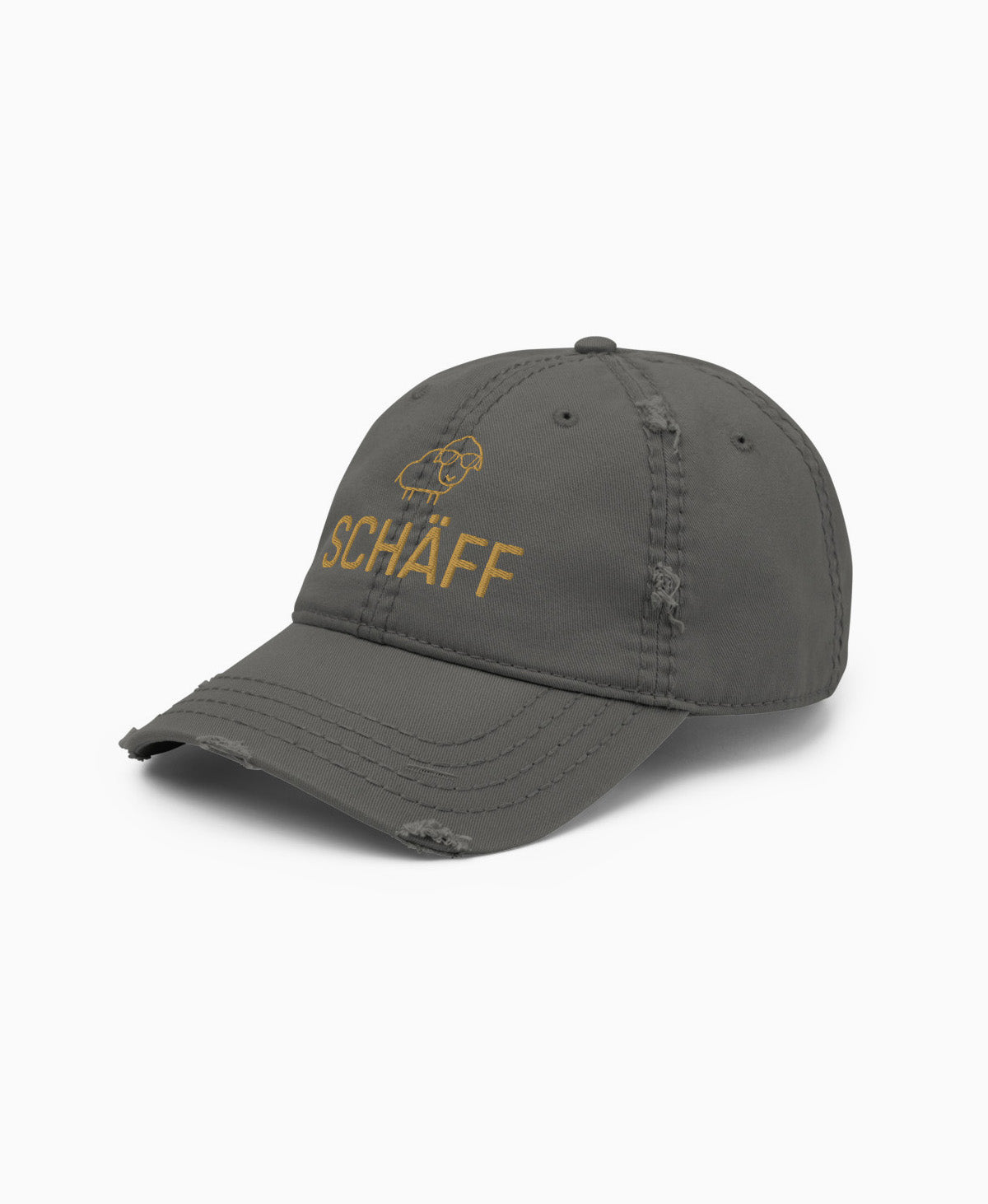 Charcoal-grauer Dad-Hat im Used-Look mit SCHÄFF Stickerei in Old-Gold – moderne Cap für den Chef.