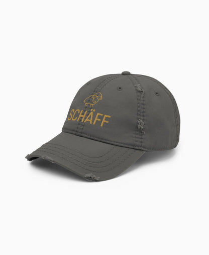 Charcoal-grauer Dad-Hat im Used-Look mit SCHÄFF Stickerei in Old-Gold – moderne Cap für den Chef.