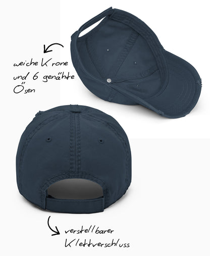 Schäff Dad-Hat Used-Look Innen- und Rückansicht mit Hinweisen auf weiche Krone, 6 Ösen und verstellbarer Klettverschluss.