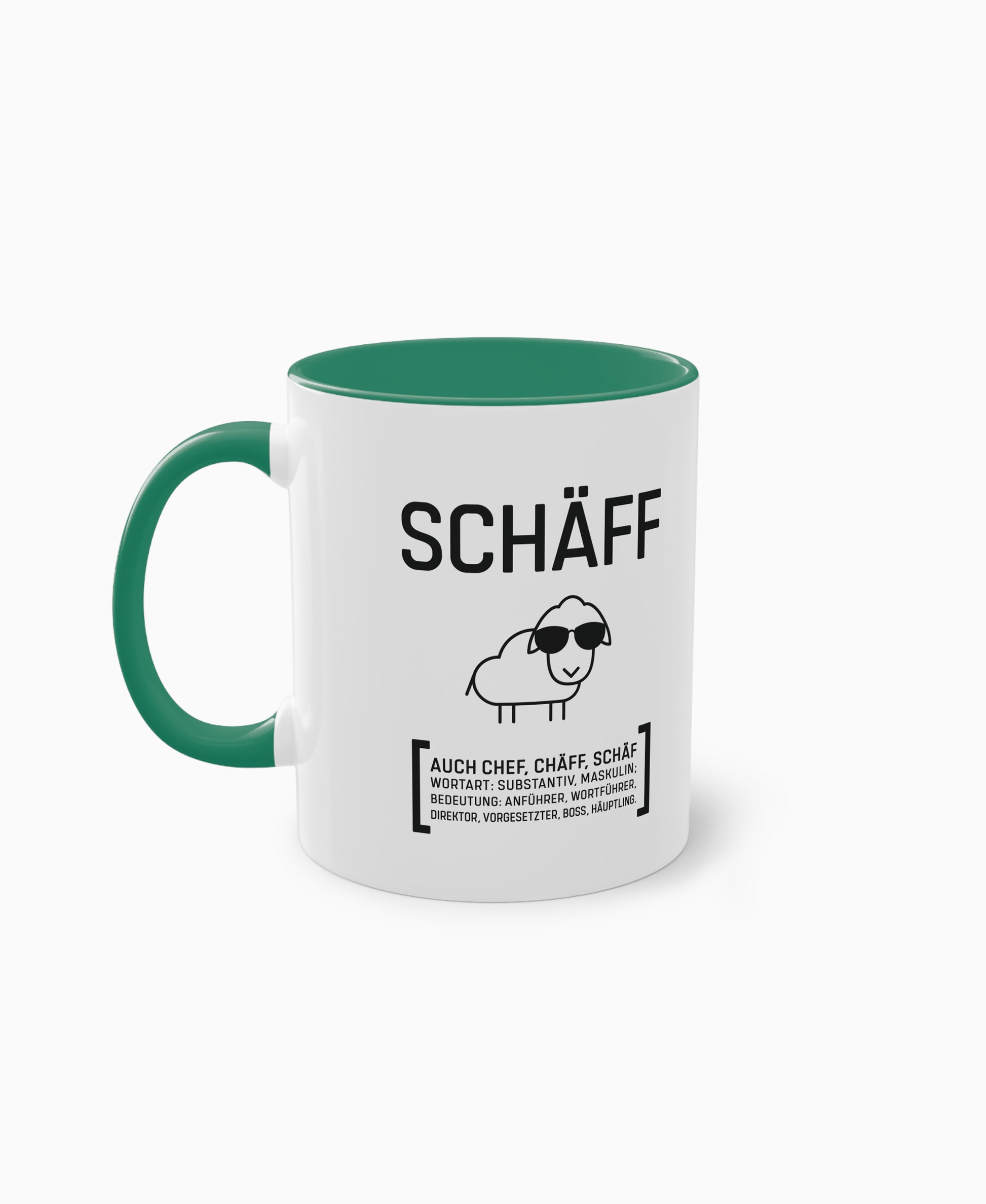 Weiße Keramiktasse mit dunkelgrüner Innenseite und SCHÄFF Motiv – Geschenk für den humorvollen Chef.