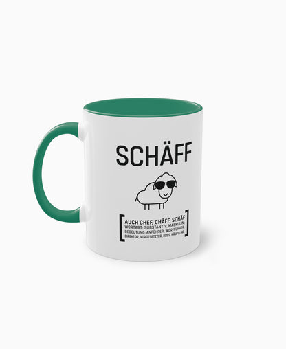 Weiße Keramiktasse mit dunkelgrüner Innenseite und SCHÄFF Motiv – Geschenk für den humorvollen Chef.
