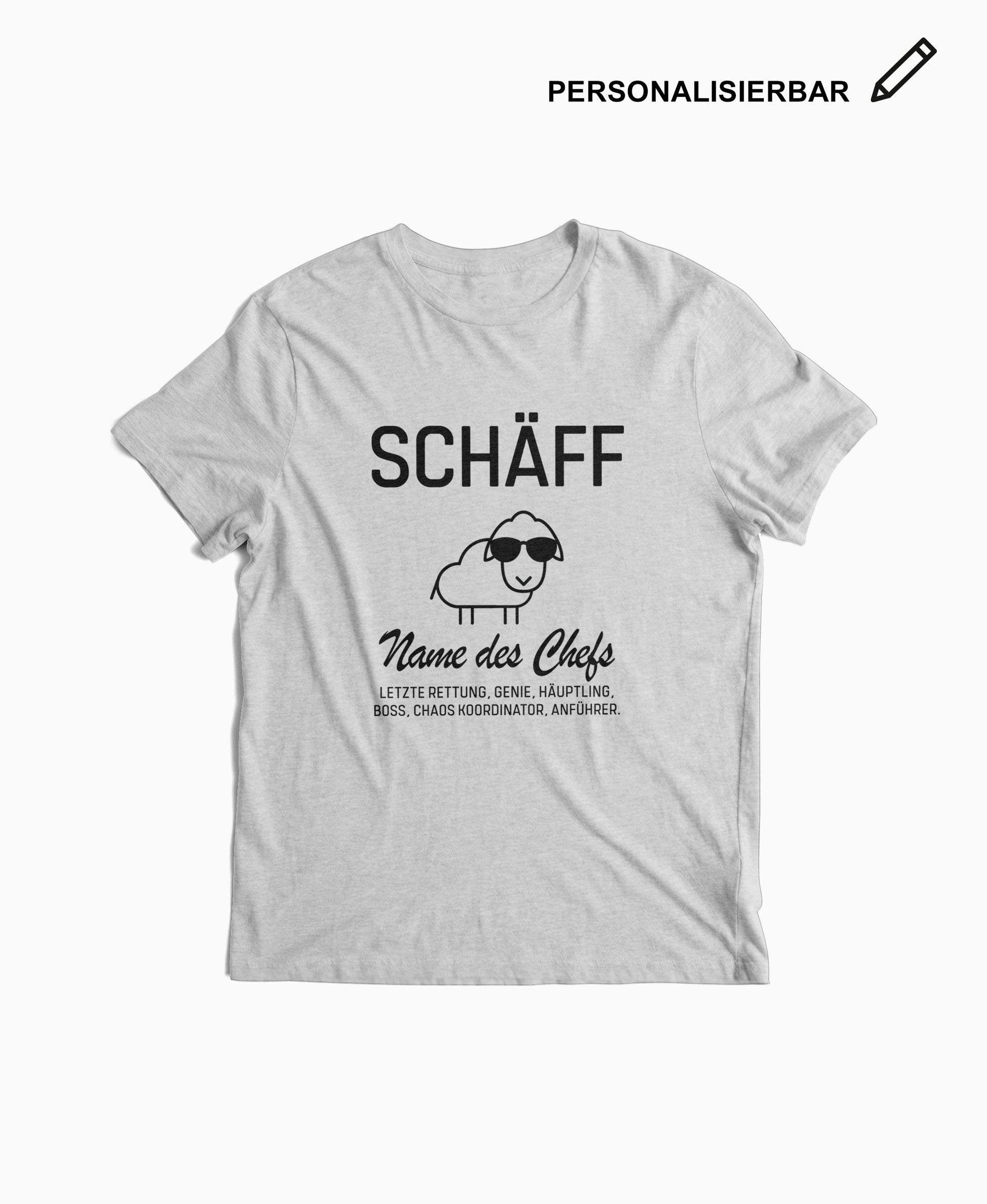Grau-meliertes Herren T-Shirt mit SCHÄFF Motiv und Wunschtext – personalisierbar als Geschenk für den Chef.