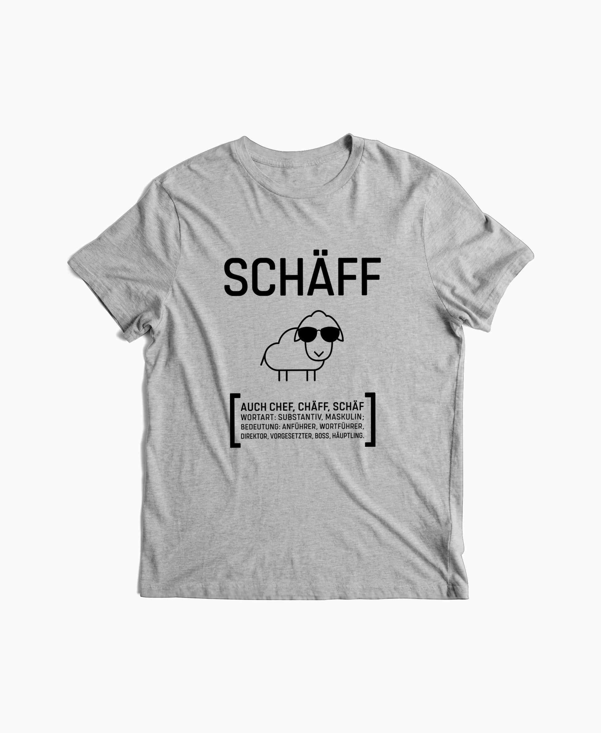 Grau-meliertes Herren T-Shirt mit SCHÄFF Motiv: cooles Schaf mit Sonnenbrille – perfektes Geschenk für Chef.