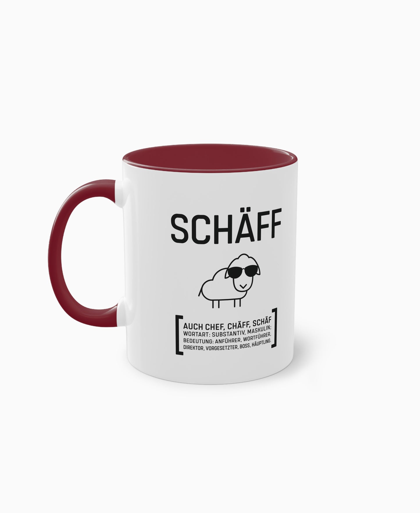 Weiße Keramiktasse mit dunkelroter Innenseite und SCHÄFF Motiv – humorvolles Geschenk für den Chef.