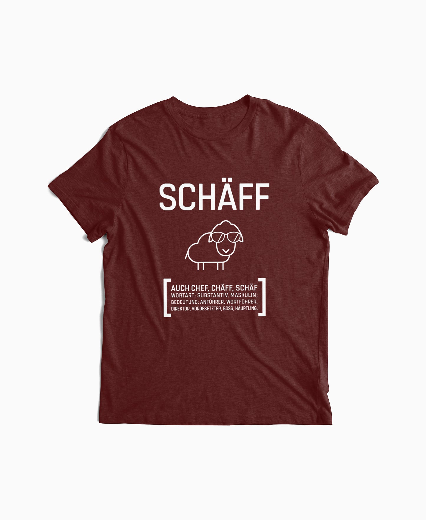 Dunkelrotes Herren T-Shirt mit SCHÄFF Motiv: witziges Schaf mit Sonnenbrille – Geschenk für humorvollen Chef.