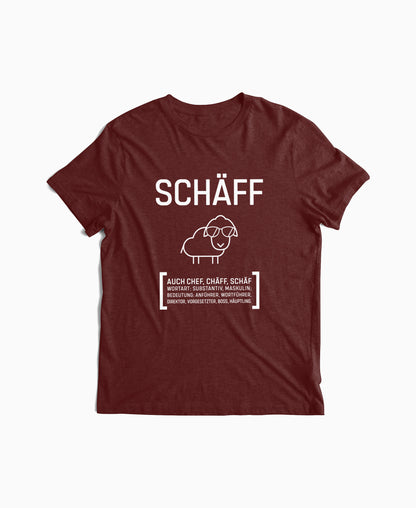 Dunkelrotes Herren T-Shirt mit SCHÄFF Motiv: witziges Schaf mit Sonnenbrille – Geschenk für humorvollen Chef.