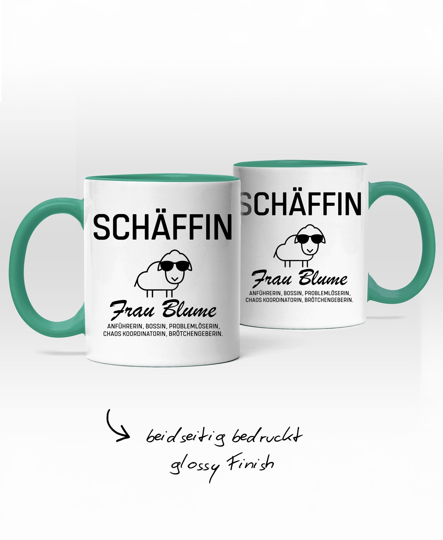 Zweifarbige Keramiktasse mit personalisierbarem SCHÄFFIN Motiv: mit Hinweis ‚beidseitig bedruckt, Glossy Finish’.