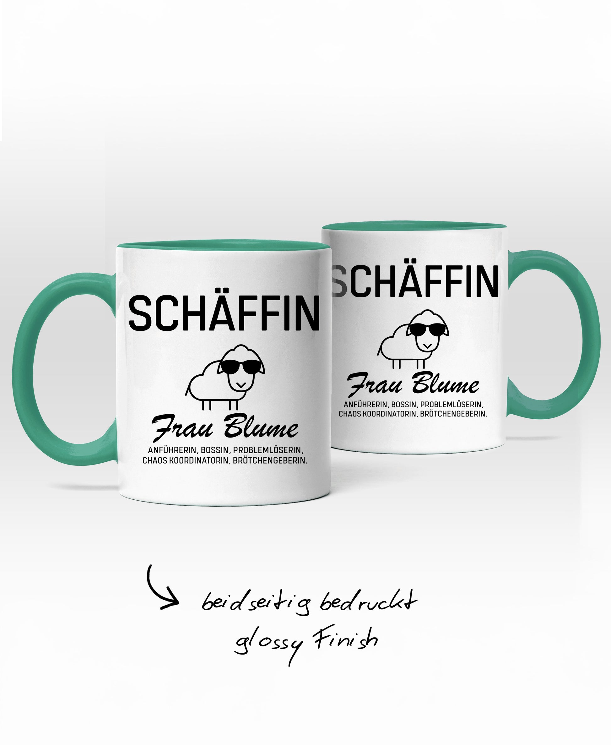 Zweifarbige Keramiktasse mit personalisierbarem SCHÄFFIN Motiv: mit Hinweis ‚beidseitig bedruckt, Glossy Finish’.