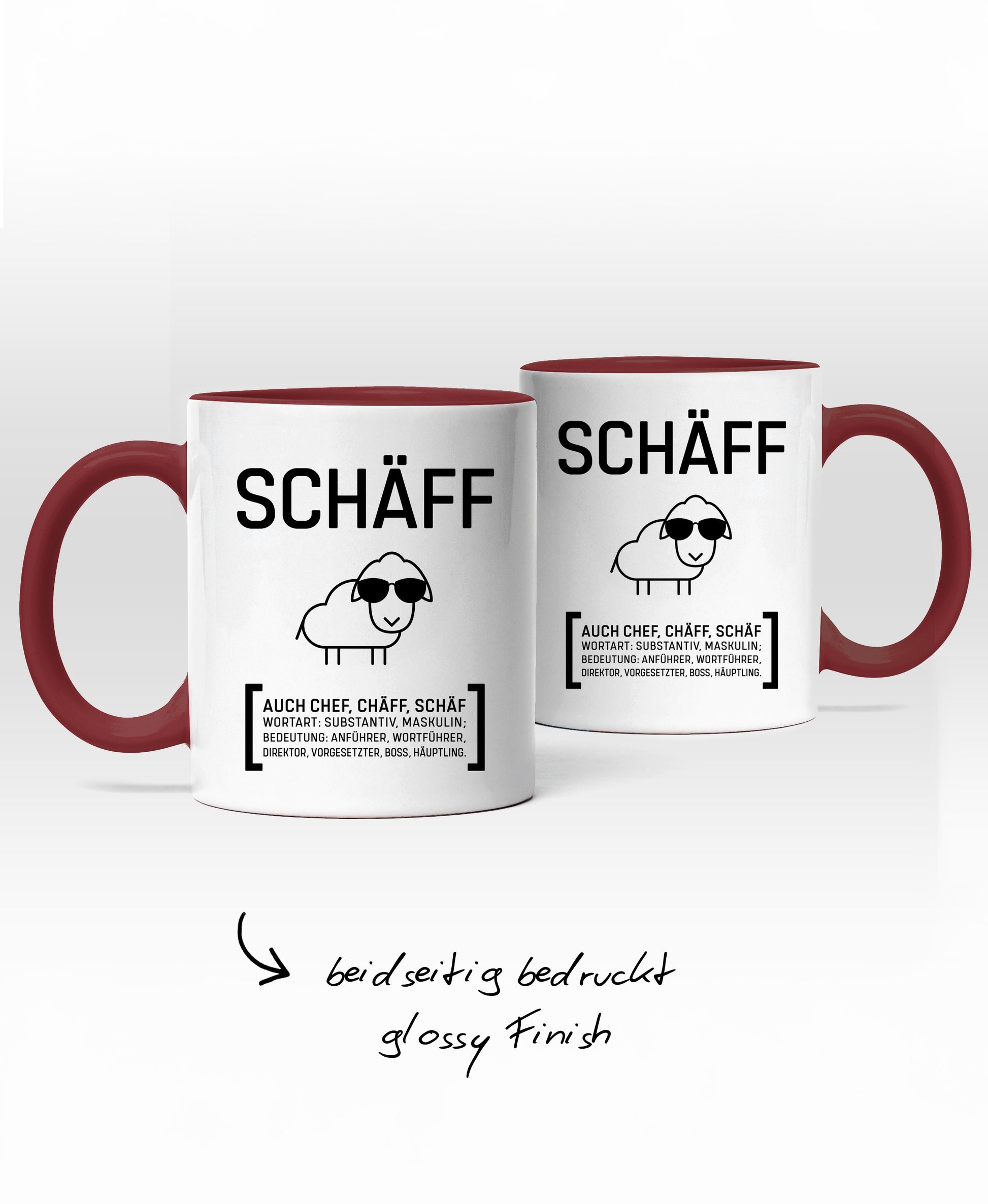 Zweifarbige Keramiktasse mit SCHÄFF Motiv: mit Hinweis ‚beidseitig bedruckt, Glossy Finish’.