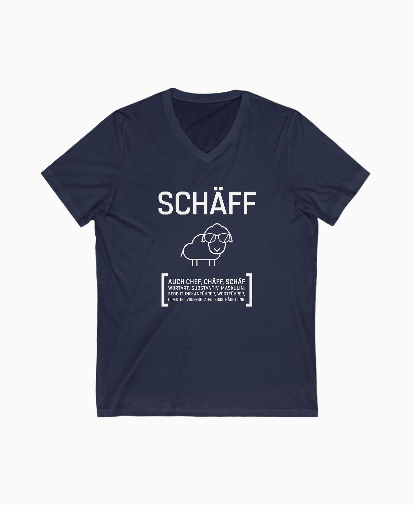 Navy Herren V-Neck T-Shirt mit SCHÄFF Motiv: lustiges Schaf mit Sonnenbrille – ideales Geschenk für Chef.