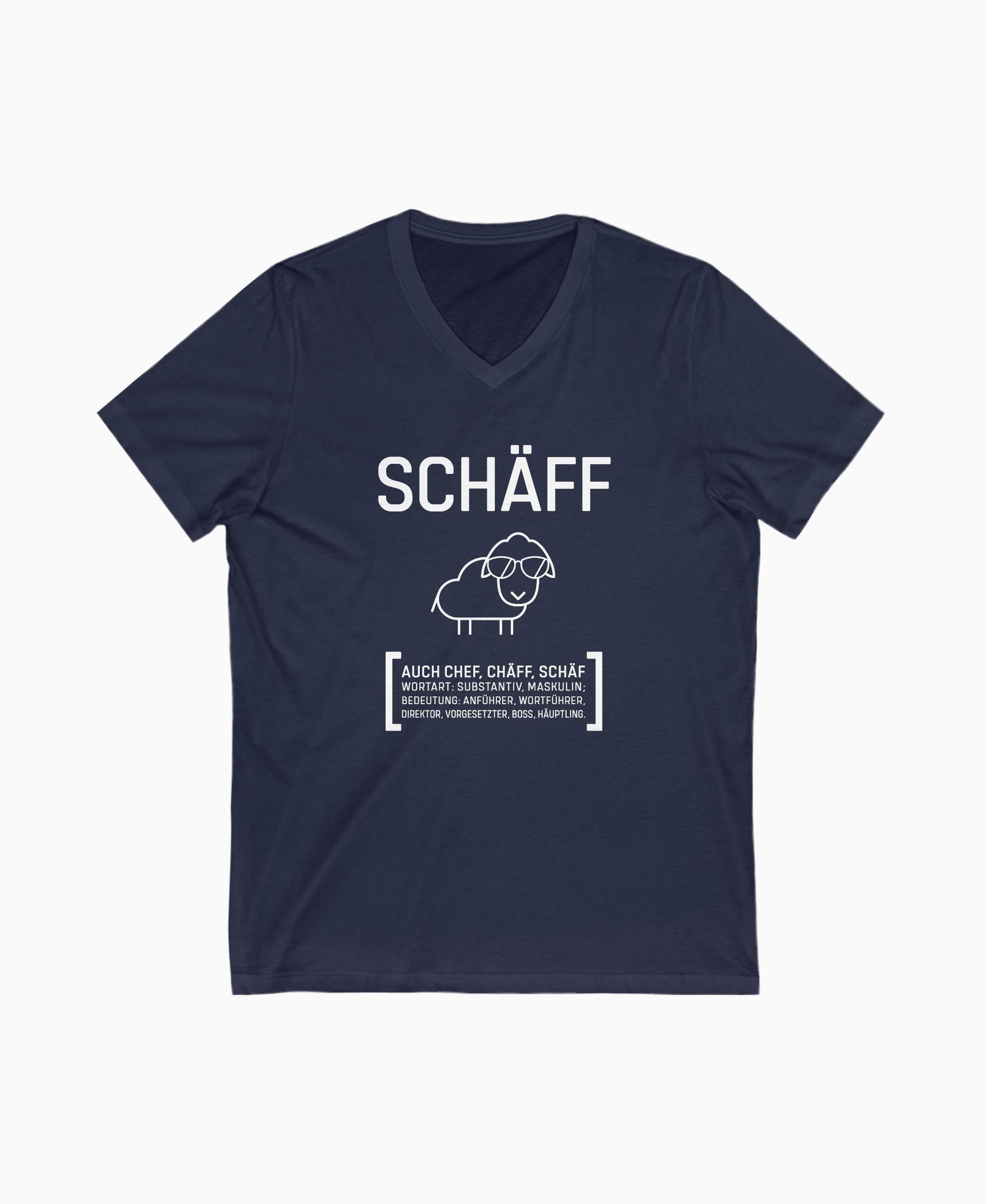 Navy Herren V-Neck T-Shirt mit SCHÄFF Motiv: lustiges Schaf mit Sonnenbrille – ideales Geschenk für Chef.