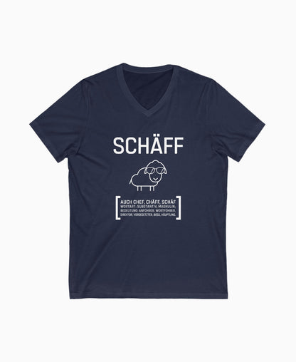 Navy Herren V-Neck T-Shirt mit SCHÄFF Motiv: lustiges Schaf mit Sonnenbrille – ideales Geschenk für Chef.