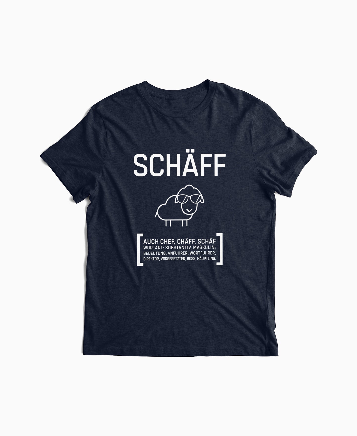 Navy Herren T-Shirt mit SCHÄFF Motiv: lustiges Schaf mit Sonnenbrille – perfektes Geschenk für humorvollen Chef.