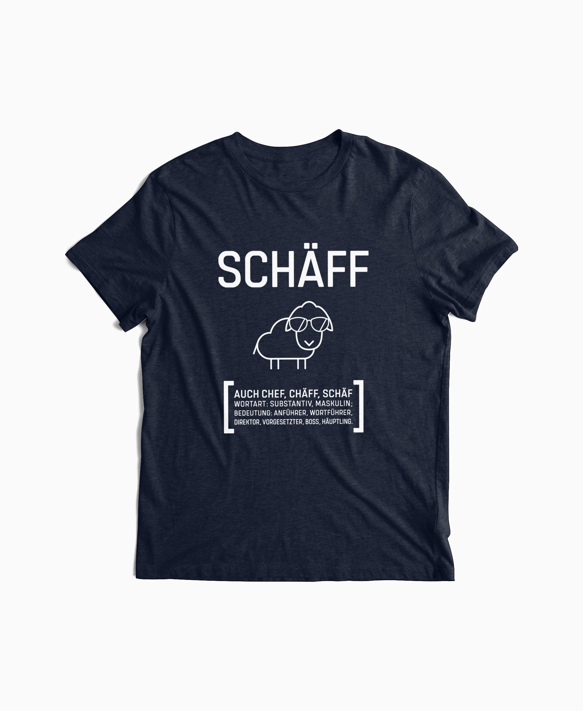 Navy Herren T-Shirt mit SCHÄFF Motiv: lustiges Schaf mit Sonnenbrille – perfektes Geschenk für humorvollen Chef.