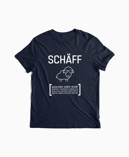 Navy Herren T-Shirt mit SCHÄFF Motiv: lustiges Schaf mit Sonnenbrille – perfektes Geschenk für humorvollen Chef.