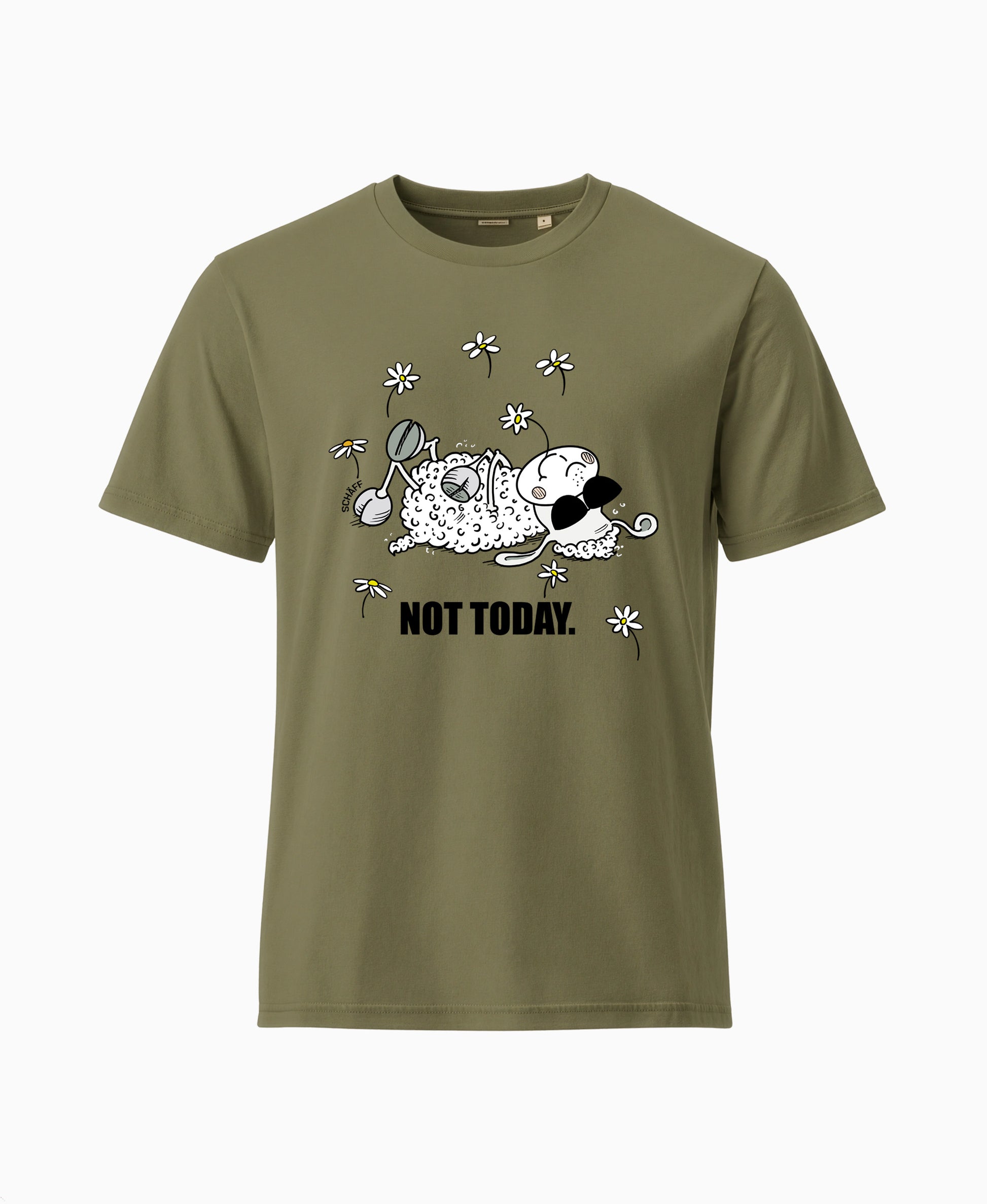 SCHÄFF Not Today Schaf Bio T-Shirt mit Comic Schaf und Sonnenbrille in Khakigrün