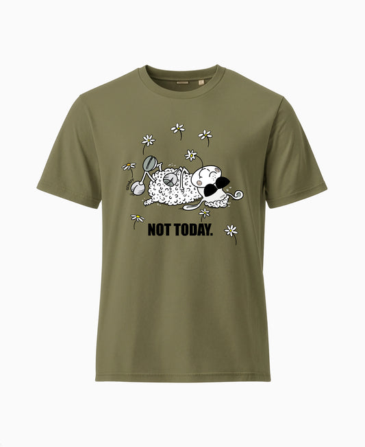 SCHÄFF Not Today Schaf Bio T-Shirt mit Comic Schaf und Sonnenbrille in Khakigrün