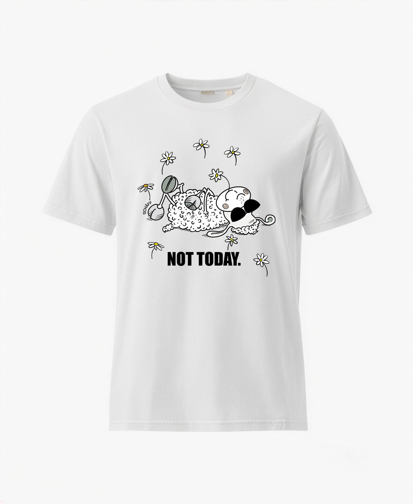 SCHÄFF Not Today Schaf Bio T-Shirt mit Comic Schaf und Sonnenbrille in Weiss