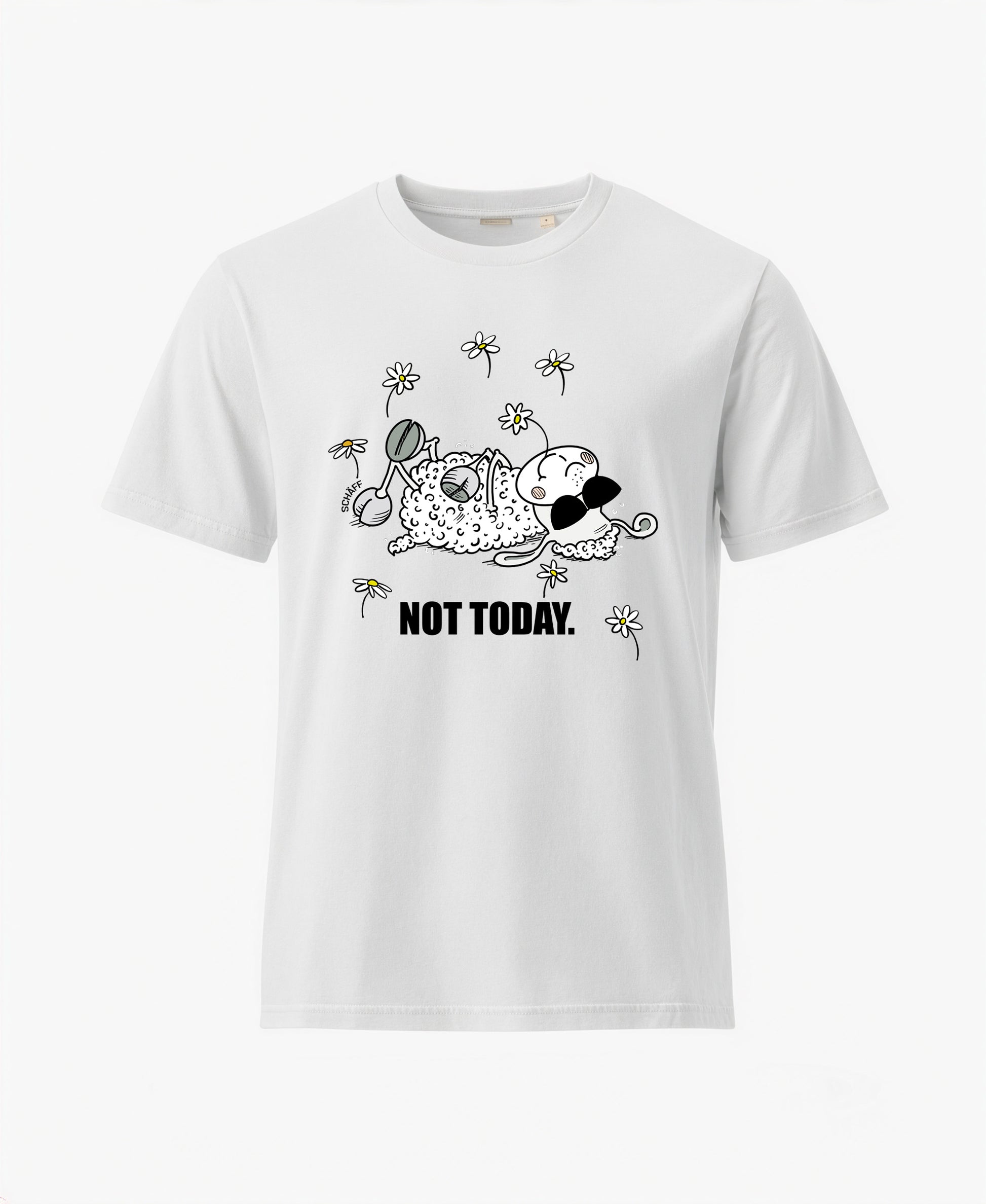 SCHÄFF Not Today Schaf Bio T-Shirt mit Comic Schaf und Sonnenbrille in Weiss