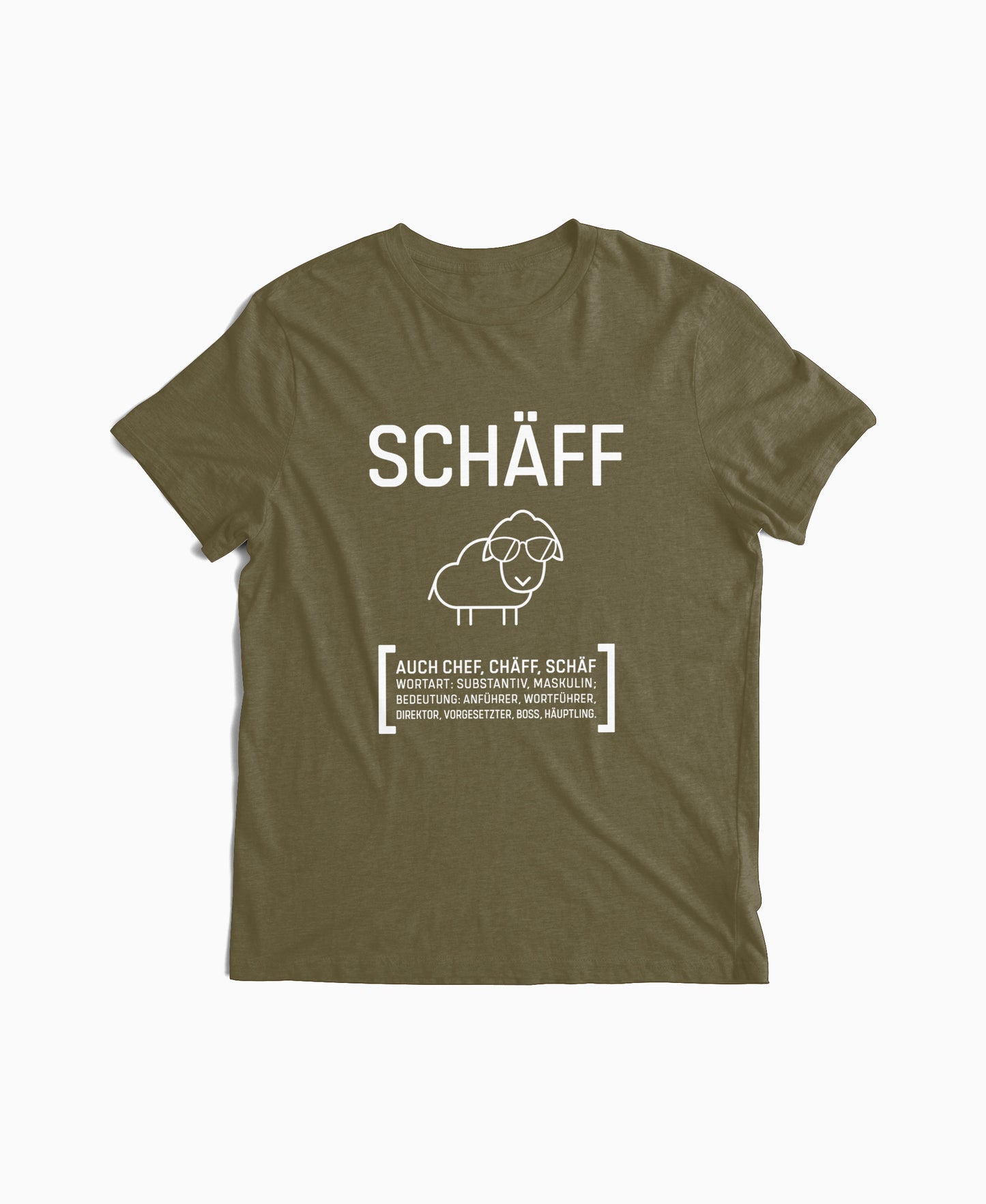 Olives Herren T-Shirt mit SCHÄFF Motiv: witziges Schaf mit Sonnenbrille – Geschenkidee für humorvollen Chef.