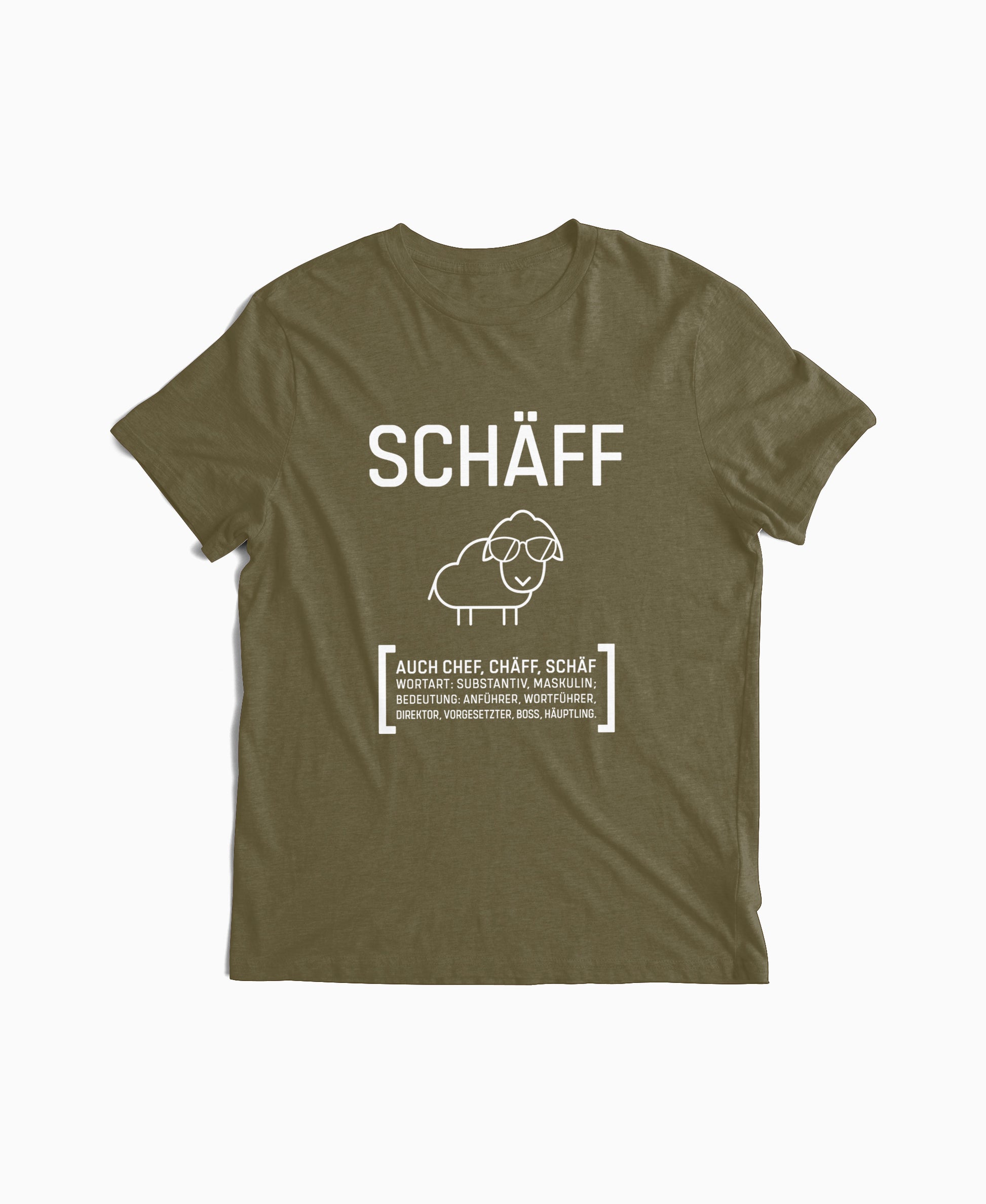 Olives Herren T-Shirt mit SCHÄFF Motiv: witziges Schaf mit Sonnenbrille – Geschenkidee für humorvollen Chef.