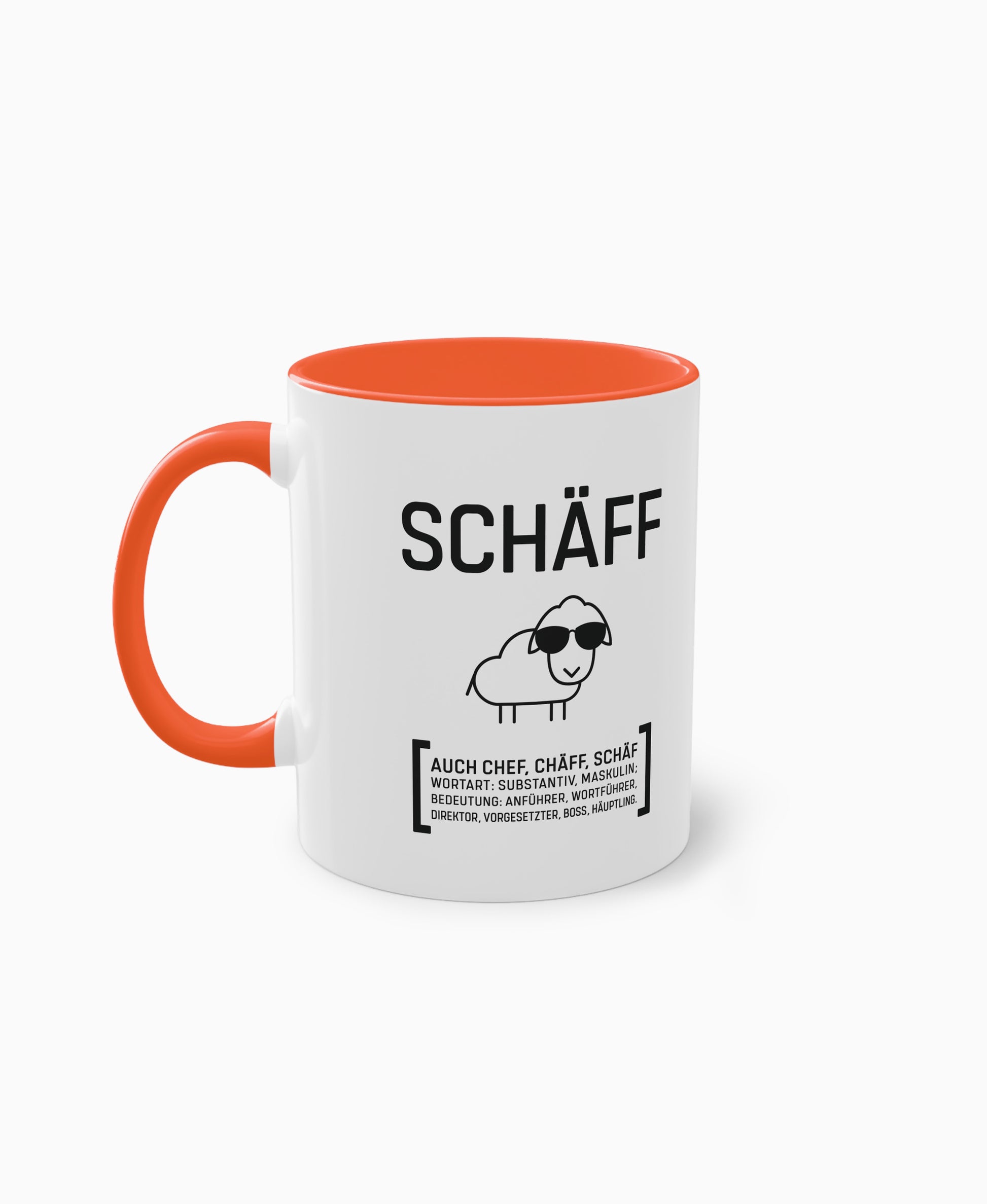 Weiße Keramiktasse mit orangefarbener Innenseite und SCHÄFF Motiv – humorvolles Geschenk für den Chef.