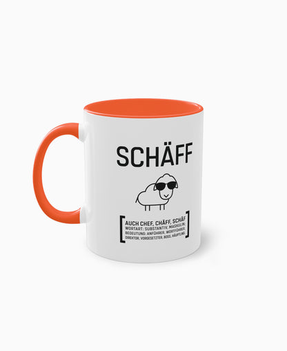 Weiße Keramiktasse mit orangefarbener Innenseite und SCHÄFF Motiv – humorvolles Geschenk für den Chef.