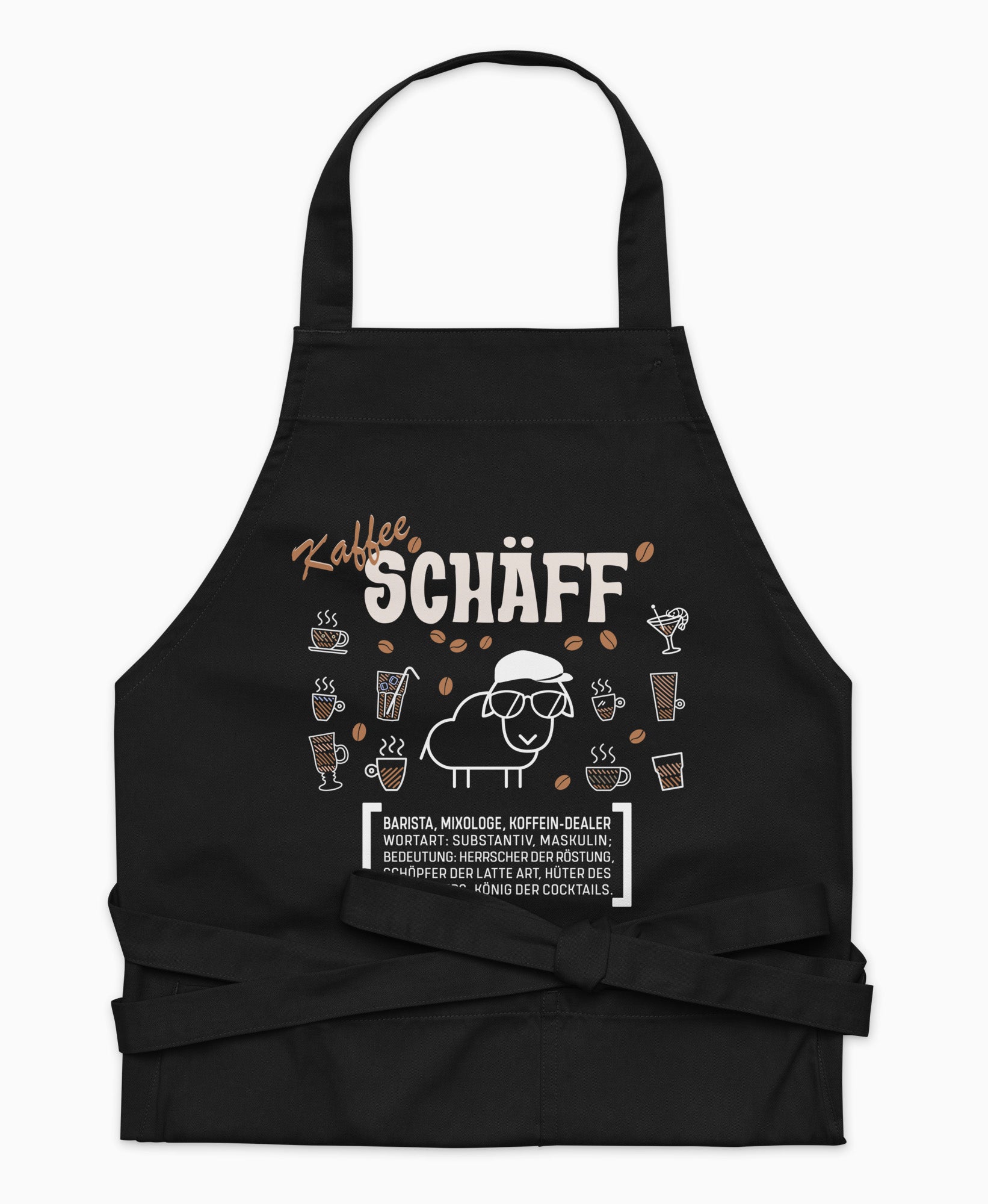 Schwarze Premium Kaffee SCHÄFF Kochschürze aus Bio-Baumwolle mit witzigem Wörterbuch-Design und zwei großen Vordertaschen auf weißem Hintergrund.