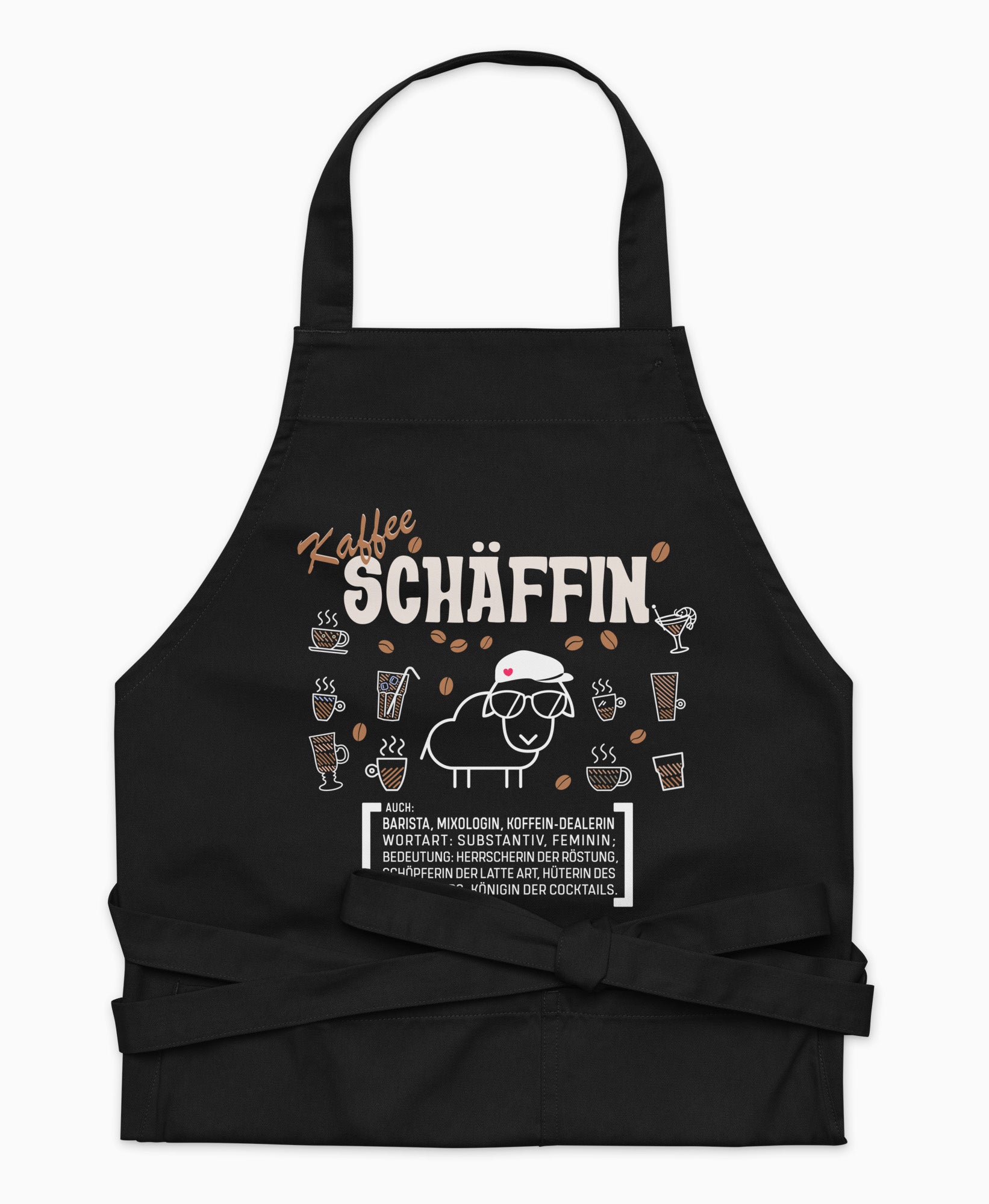 Schwarze Premium Kaffee SCHÄFFIN Kochschürze aus Bio-Baumwolle mit witzigem Wörterbuch-Design und zwei großen Vordertaschen auf weißem Hintergrund.