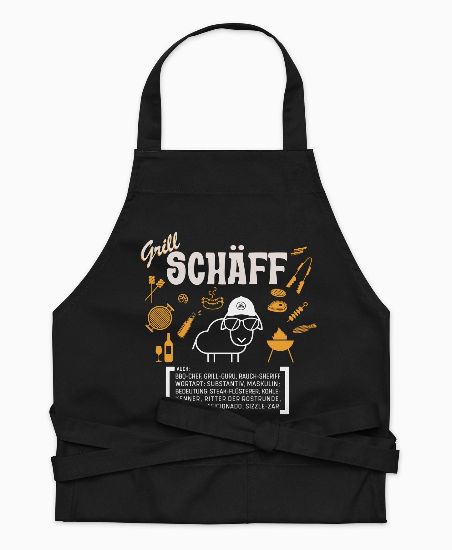 Schwarze Premium Grill SCHÄFF Kochschürze aus Bio-Baumwolle mit witzigem Wörterbuch-Design und zwei großen Vordertaschen auf weißem Hintergrund.