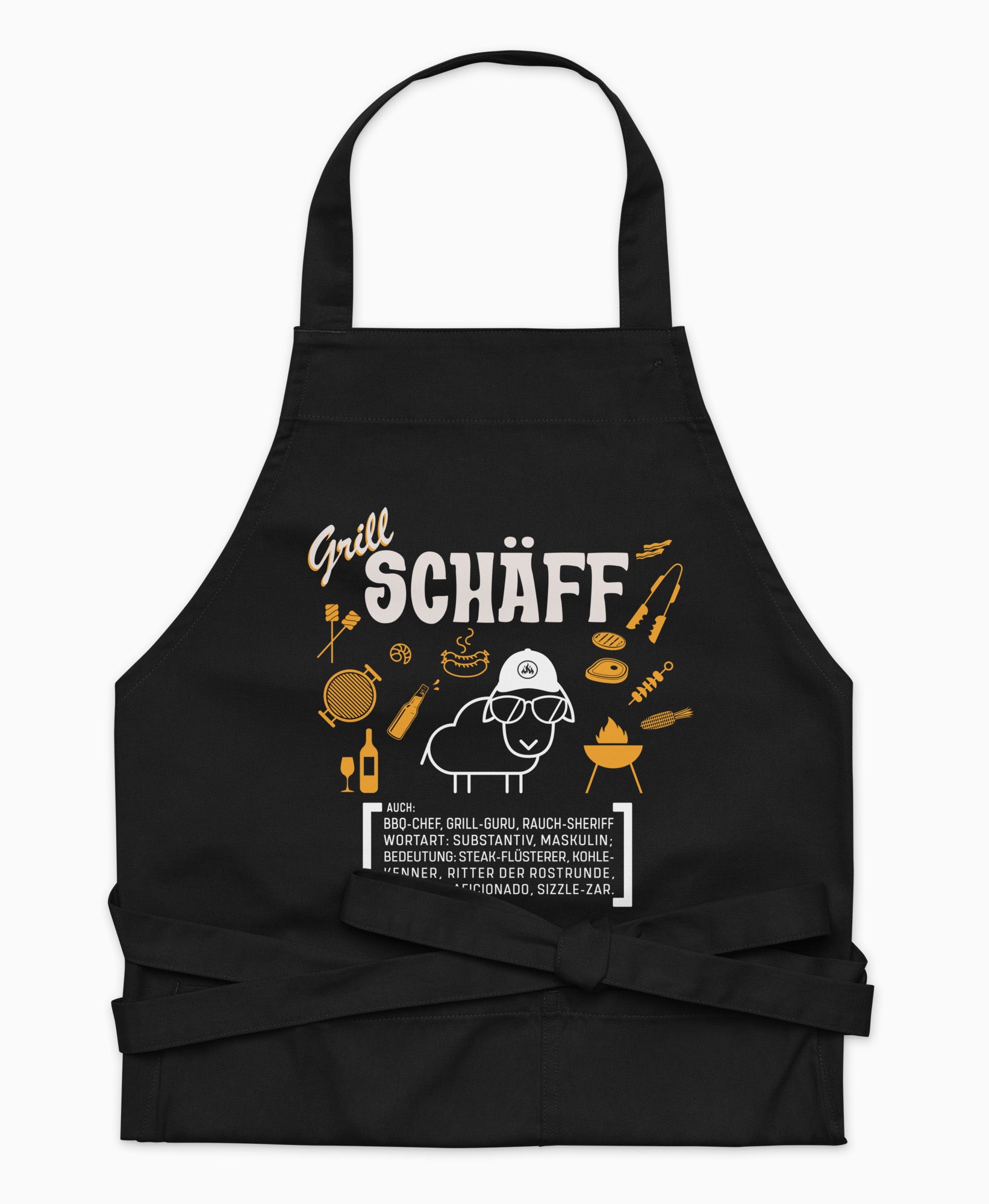 Schwarze Premium Grill SCHÄFF Kochschürze aus Bio-Baumwolle mit witzigem Wörterbuch-Design und zwei großen Vordertaschen auf weißem Hintergrund.