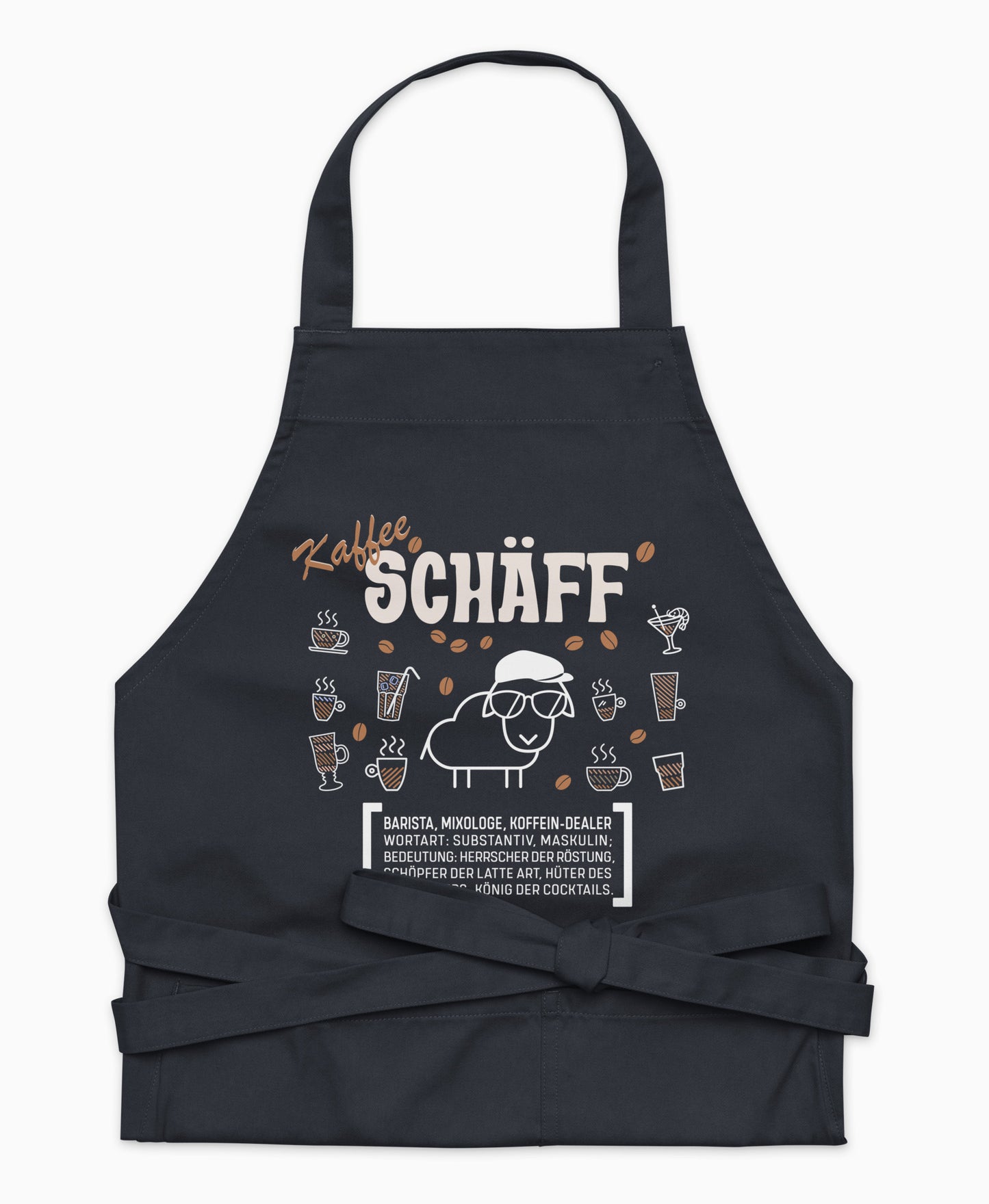 Dunkelblaue Premium Kaffee SCHÄFF Kochschürze aus Bio-Baumwolle mit witzigem Wörterbuch-Design und zwei großen Vordertaschen auf weißem Hintergrund.