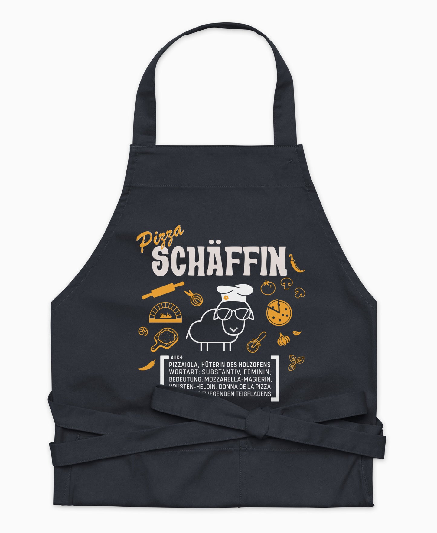 Dunkelblaue Premium Pizza SCHÄFFIN Kochschürze aus Bio-Baumwolle mit witzigem Wörterbuch-Design und zwei großen Vordertaschen auf weißem Hintergrund.