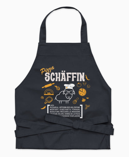 Dunkelblaue Premium Pizza SCHÄFFIN Kochschürze aus Bio-Baumwolle mit witzigem Wörterbuch-Design und zwei großen Vordertaschen auf weißem Hintergrund.