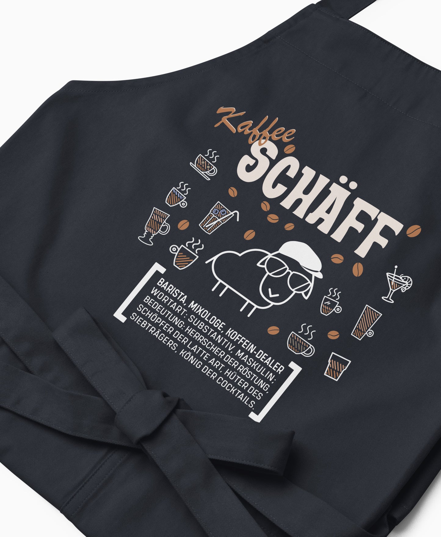 Nahaufnahme der dunkelblauen Kaffee SCHÄFF Kochschürze mit detailreichem, braun-weißem Aufdruck.