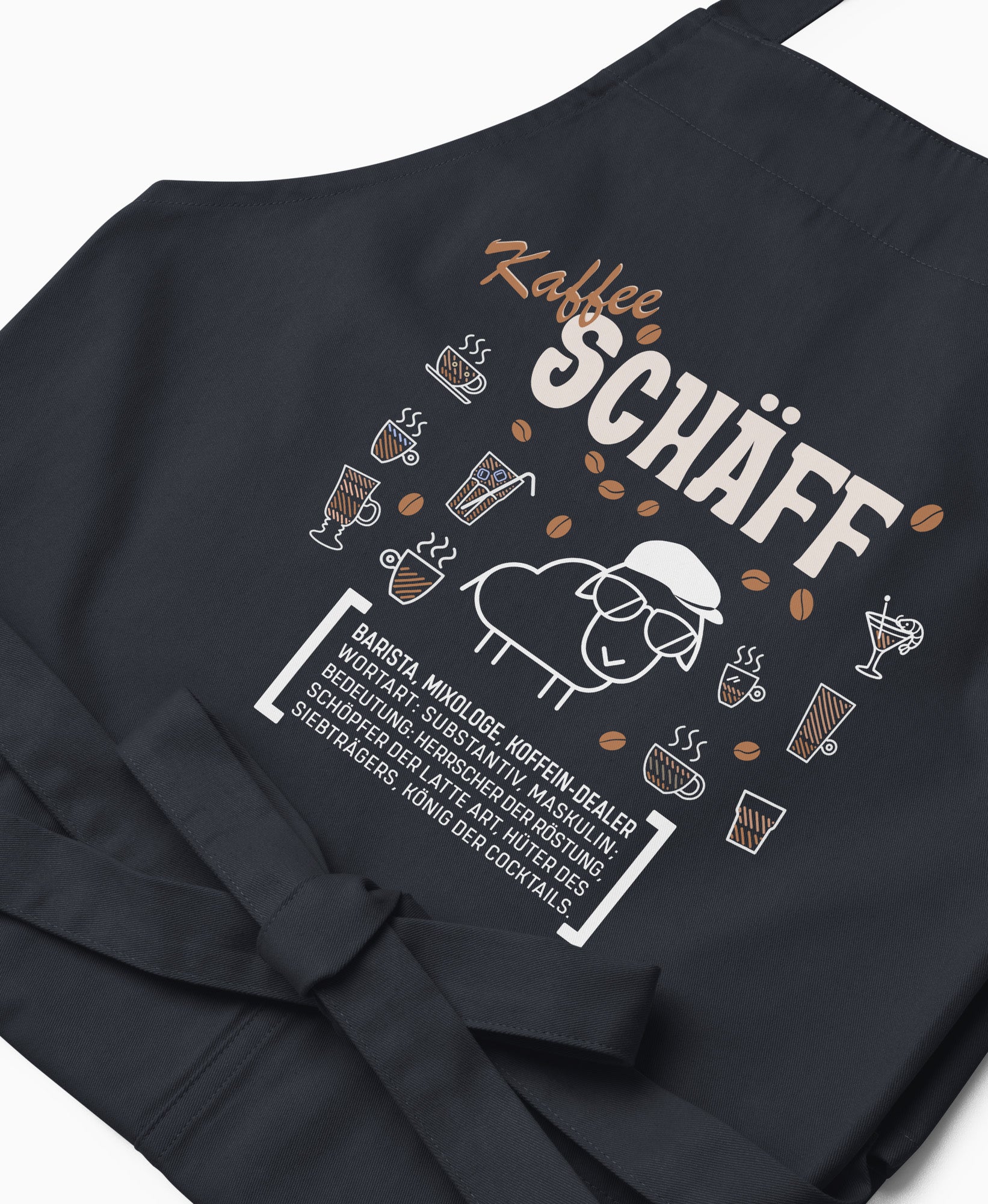 Nahaufnahme der dunkelblauen Kaffee SCHÄFF Kochschürze mit detailreichem, braun-weißem Aufdruck.