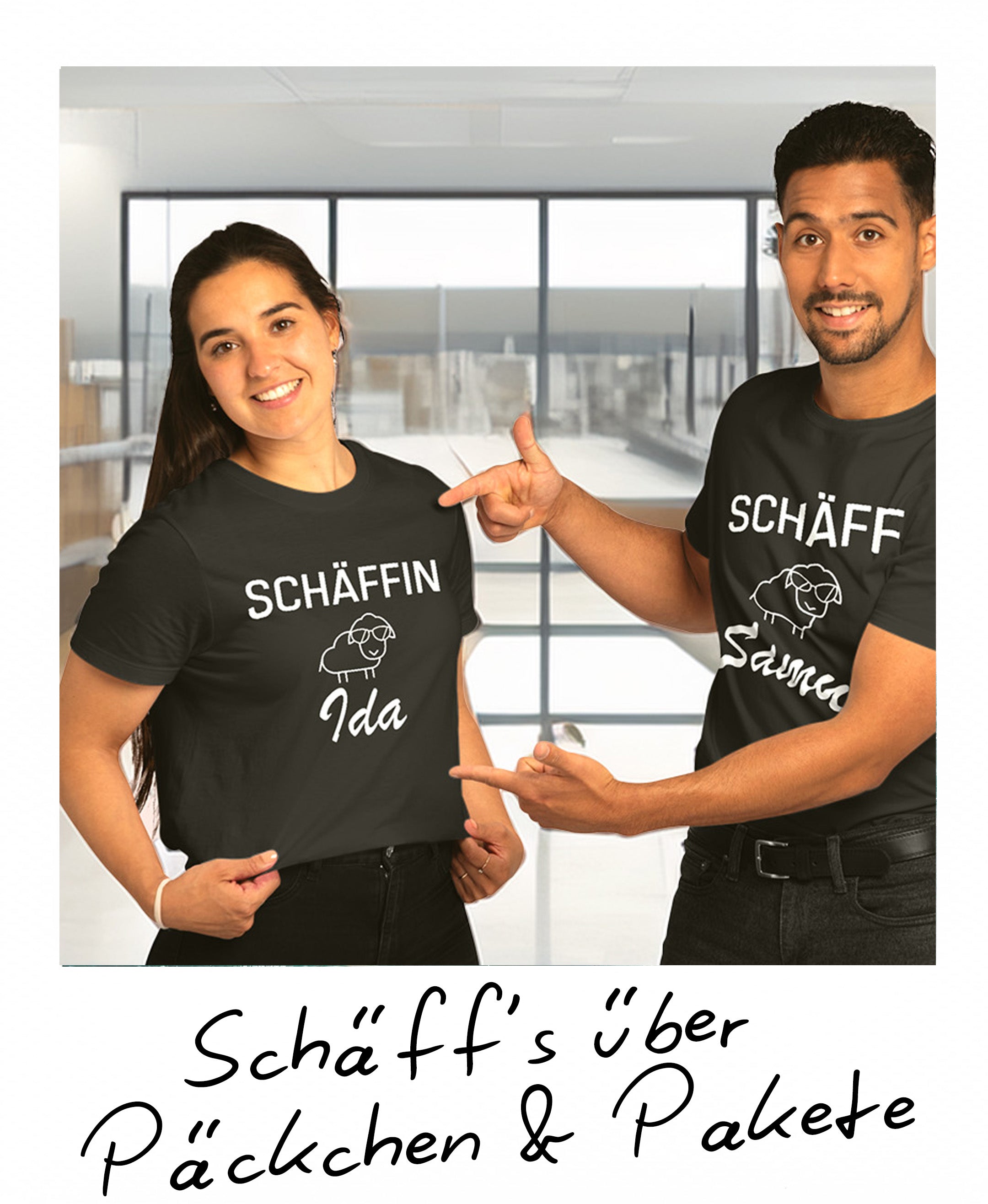 Zwei Chefs im Lager mit personalisierten Schäff-Shirts, Namen Ida und Samu, Geschenkidee.