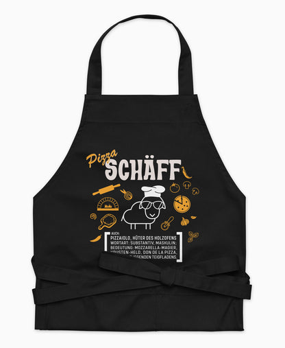 Schwarze Premium Pizza SCHÄFF Kochschürze aus Bio-Baumwolle mit witzigem Wörterbuch-Design und zwei großen Vordertaschen auf weißem Hintergrund.