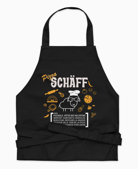 Schwarze Premium Pizza SCHÄFF Kochschürze aus Bio-Baumwolle mit witzigem Wörterbuch-Design und zwei großen Vordertaschen auf weißem Hintergrund.
