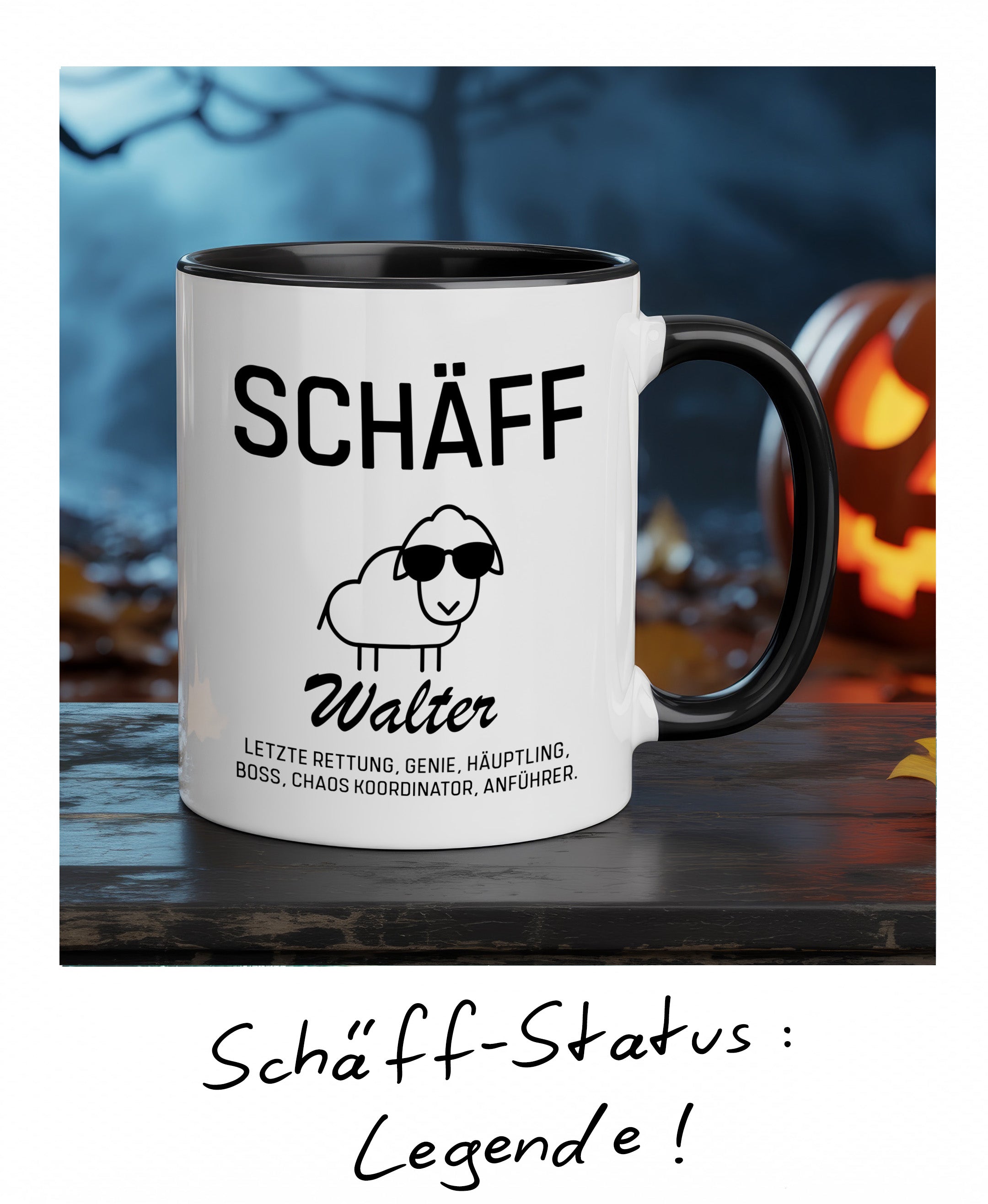 Schwarze personalisierte Kaffeetasse mit Namen Walter – Lustiges und hochwertiges Teamgeschenk für den Chef zu Weihnachten.