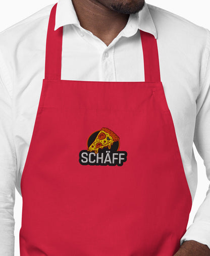 Vorderansicht der signalroten SCHÄFF Pizzabäcker Schürze aus Bio-Baumwolle mit Pizza-Stickmotiv.