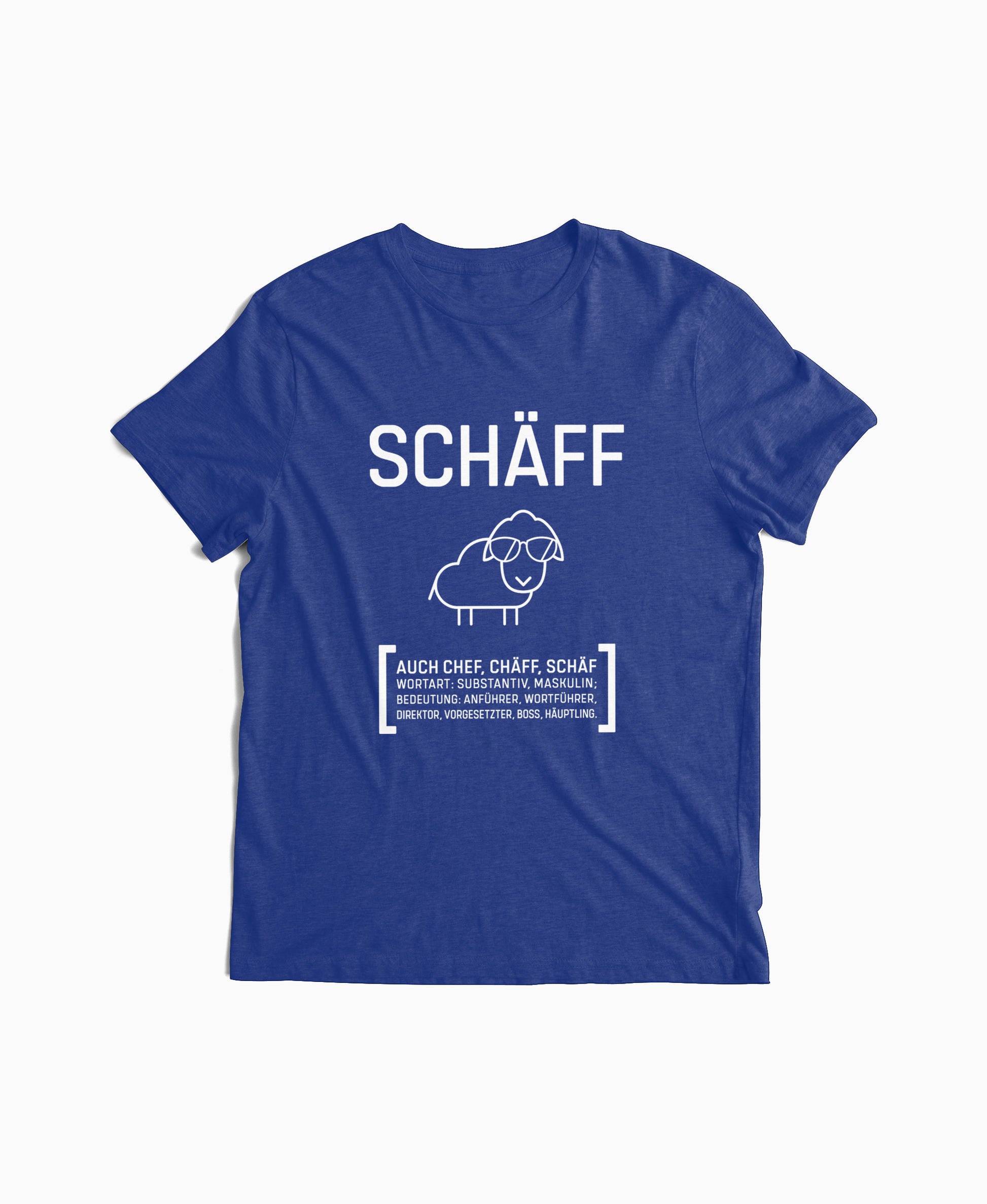 Royal-blaues Herren T-Shirt mit SCHÄFF Motiv: cooles Schaf mit Sonnenbrille – ideales Geschenk für Chef.