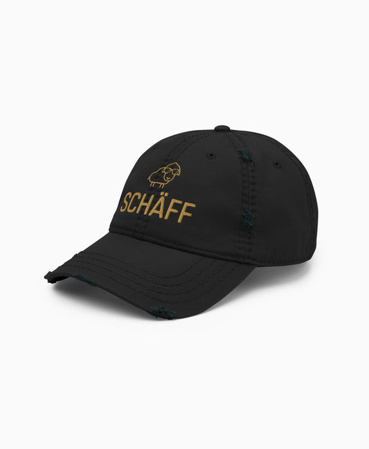 Schwarzer Dad-Hat im Used-Look mit SCHÄFF Stickerei in Old-Gold – lässige Cap für den humorvollen Chef.