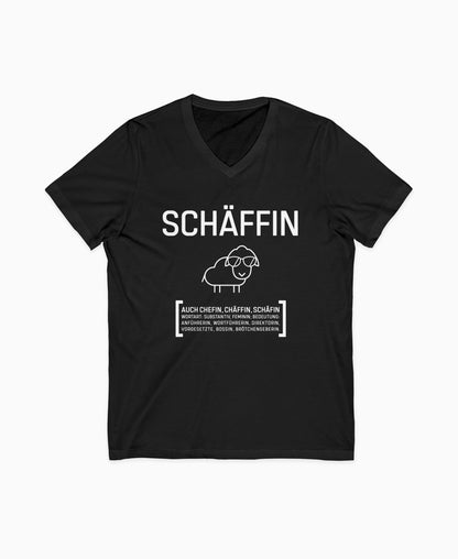 Schwarzes Damen V-Neck T-Shirt mit Schäffin Motiv: cooles Schaf mit Sonnenbrille – ideales Geschenk für humorvolle Chefin