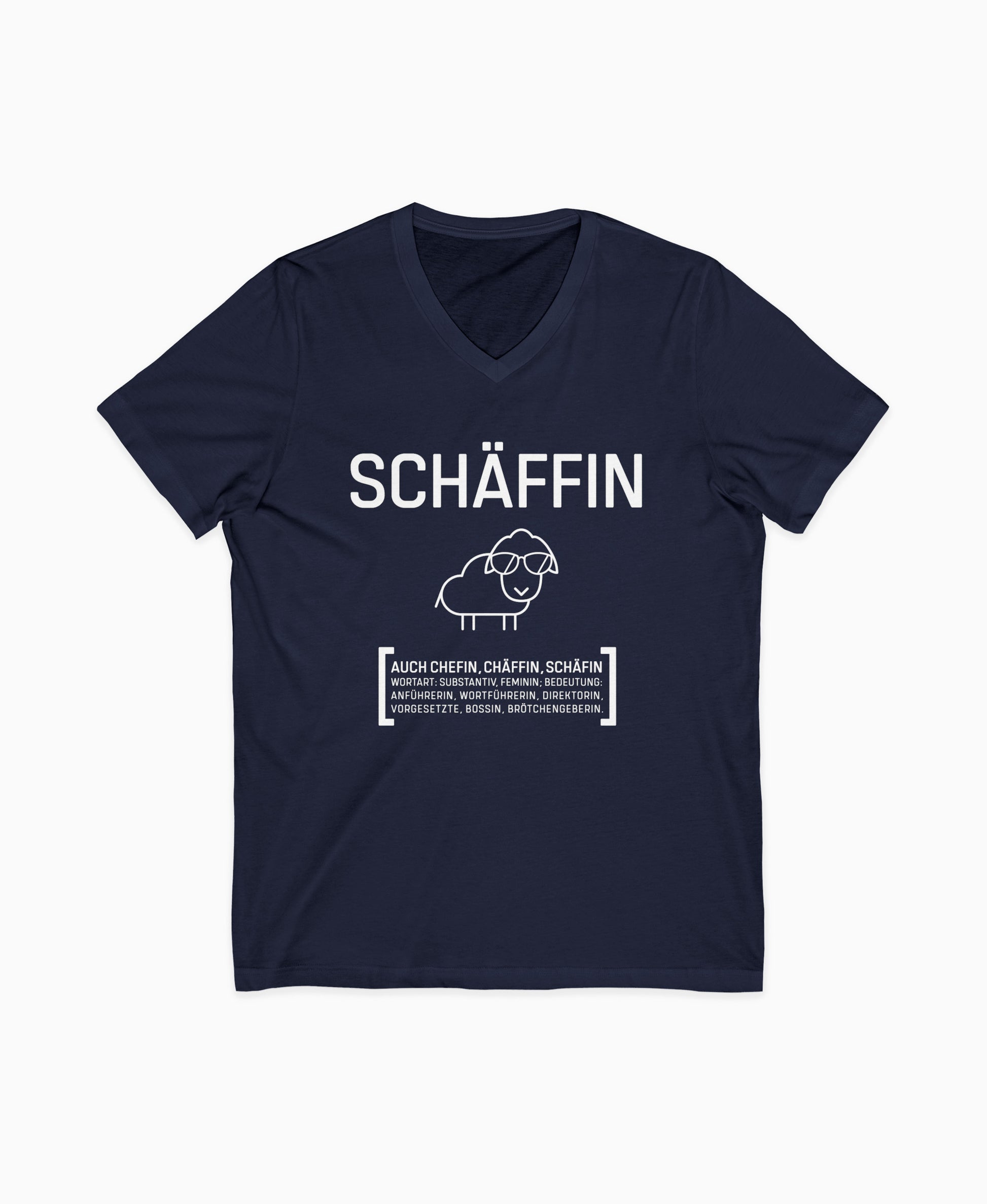 Navy Damen V-Neck T-Shirt mit Schäffin Motiv: cooles Schaf mit Sonnenbrille – ideales Geschenk für humorvolle Chefin