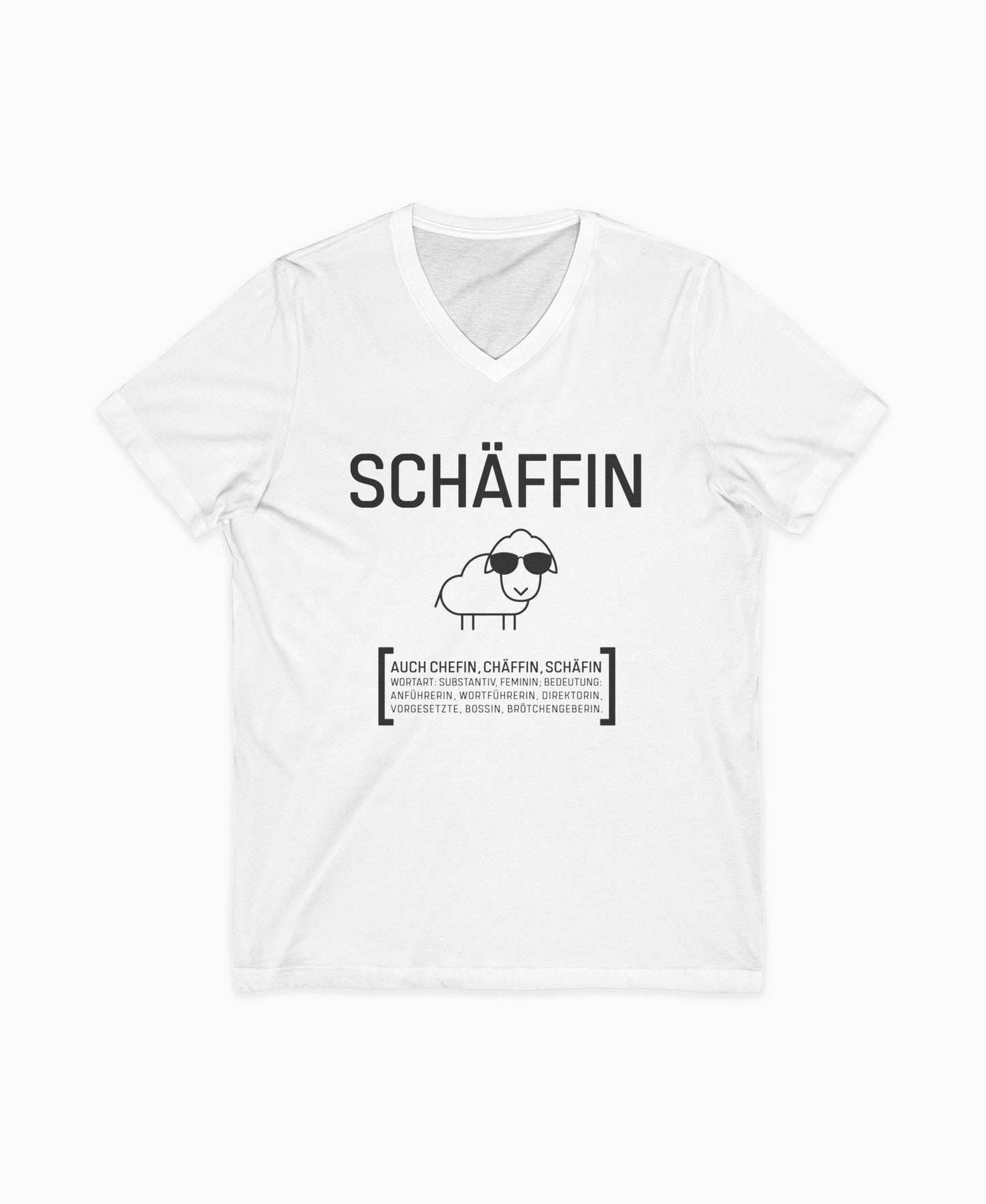 Weißes Damen V-Neck T-Shirt mit lustigem Schäffin Schaf-Motiv und Sonnenbrille – humorvolles Geschenk für Chefin, Bossin oder Vorgesetzte.