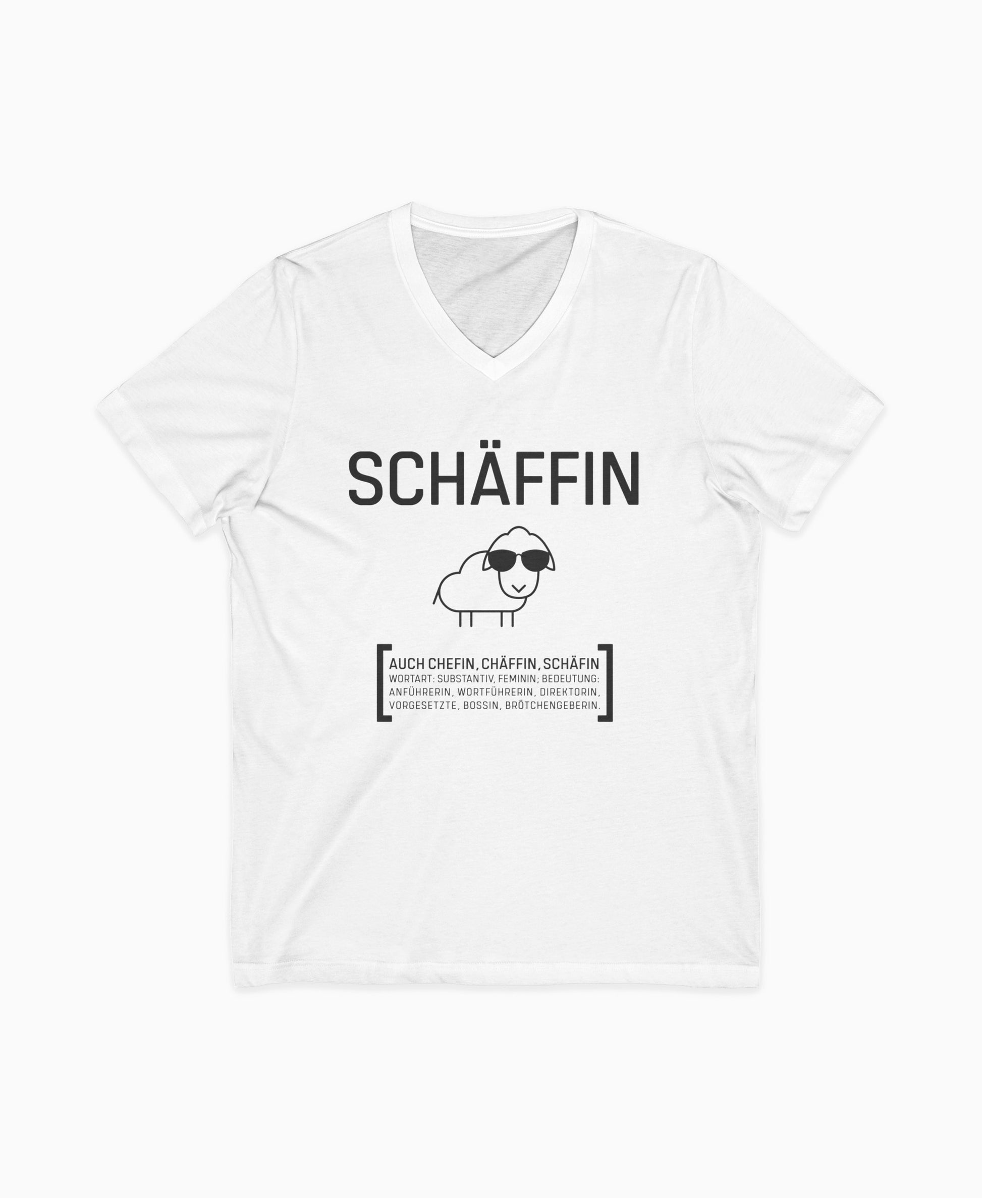 Weißes Damen V-Neck T-Shirt mit lustigem Schäffin Schaf-Motiv und Sonnenbrille – humorvolles Geschenk für Chefin, Bossin oder Vorgesetzte.