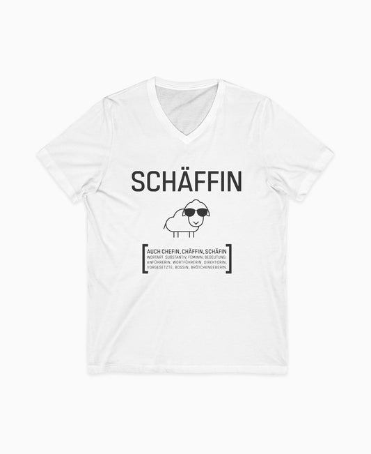 Weißes Damen V-Neck T-Shirt mit lustigem Schäffin Schaf-Motiv und Sonnenbrille – humorvolles Geschenk für Chefin, Bossin oder Vorgesetzte.